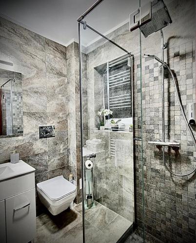 a bathroom with a glass shower and a toilet at Holiday House Rasnov in Râşnov