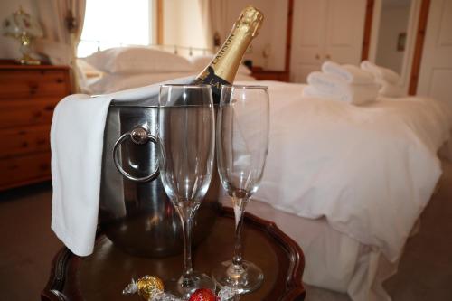 a bottle of wine in a bucket on a table with two glasses at Wardicott in Back