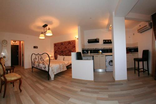 1 dormitorio con 1 cama y 1 dormitorio con cocina. en Studio Clasic, en Galaţi