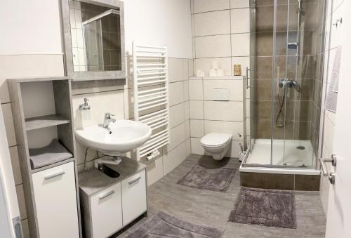グムンデンにあるApartment in Gmundenの洗面台、トイレ、シャワー付きのバスルーム