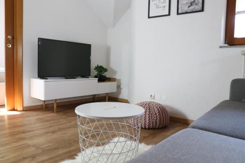 a living room with a tv and a white table at Lusht'n apartma in Žirovnica