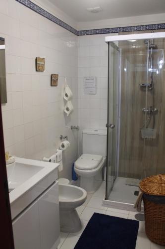 a white bathroom with a toilet and a shower at Casa do Progo in Ponte de Lima