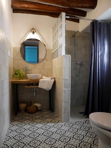 a bathroom with a sink and a shower with a mirror at Cortijo La Gineta in Alcalá la Real