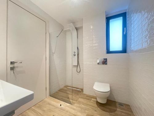 a bathroom with a shower and a toilet and a sink at Villa Gaia by the sea in Polychrono