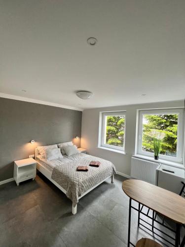 a bedroom with a bed and two windows at Apartamenty Ostoja in Łeba