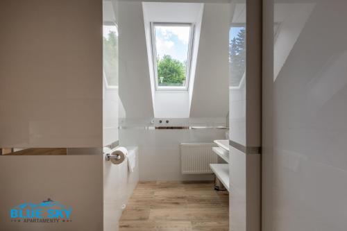 a bathroom with a white toilet and a window at Apartamenty BlueSky - Pusta 8 - blisko szlaków i wyciągów in Karpacz