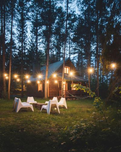 a group of white chairs in front of a cabin at Jarzębinowa - Dom do wynajęcia na Podlasiu in Łuka