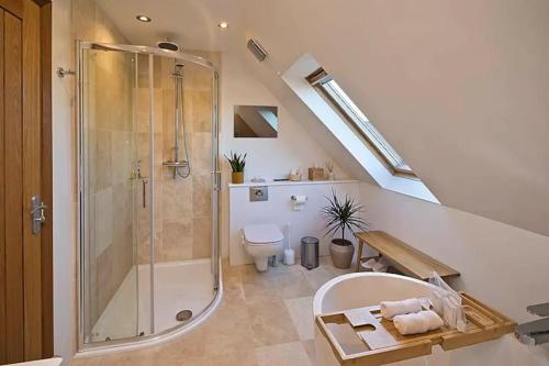 ein Bad mit einer Dusche und einem WC in der Unterkunft The Pheasantry in Wymondham