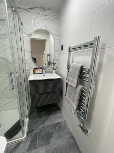La salle de bains est pourvue d'un lavabo, d'une douche et d'un miroir. dans l'établissement Scarlet's Place - 1 bed Victory Village Quinta Do Lago - beach, nature, lakes, à Quinta do Lago