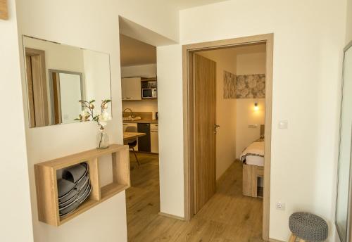 een woonkamer met een spiegel en een slaapkamer bij Apartmaji Jezerka in Bled