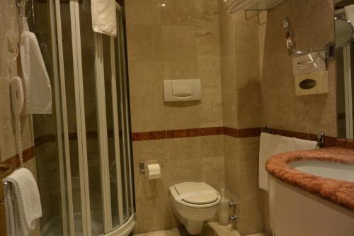 a bathroom with a shower and a toilet and a sink at Hotel Metrò in Milan