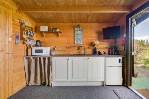 a kitchen with a sink and a microwave at Secret & Secluded Sedlescombe in Battle