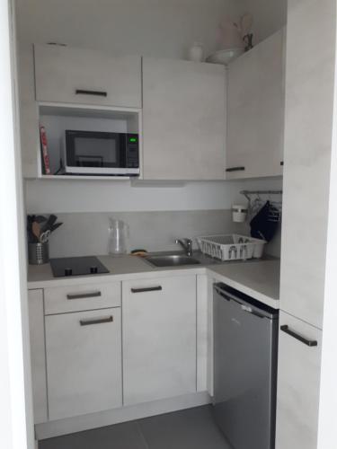 une cuisine blanche avec un évier et un micro-ondes dans l'établissement Joli studio entre la mer et la ville, à Hyères
