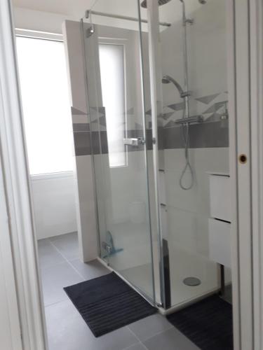 W łazience znajduje się prysznic ze szklanymi drzwiami. w obiekcie Joli studio entre la mer et la ville w Hyères