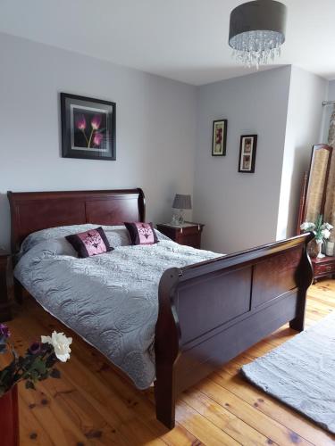 a bedroom with a large bed with pink pillows at Minaun Cliff View in Achill