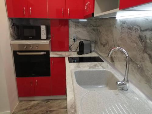 een keuken met een wastafel, een magnetron en rode kasten bij В сърцето на Варна ви очаква прекрасен и просторен апартамент in Varna