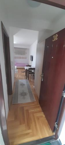 a hallway with a door and a living room at Apartment Luka in Podgorica