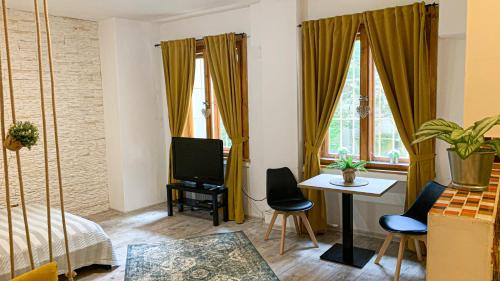 a bedroom with a bed and a table and a television at ->> Beautiful Place in Slovakia Bratislava Old Town Center <<- in Bratislava