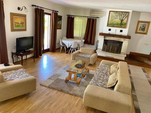 a living room with a couch and a tv and a table at Skupljen Resort: Enjoy the Freedom! in Vladimirci