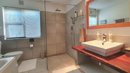 a bathroom with a sink and a shower and a toilet at Panorama Guest House in Port Alfred