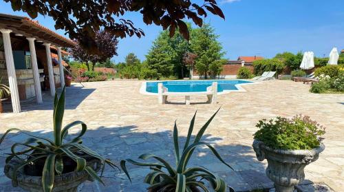 a patio with a swimming pool and some plants at Skupljen Resort: Enjoy the Freedom! in Vladimirci