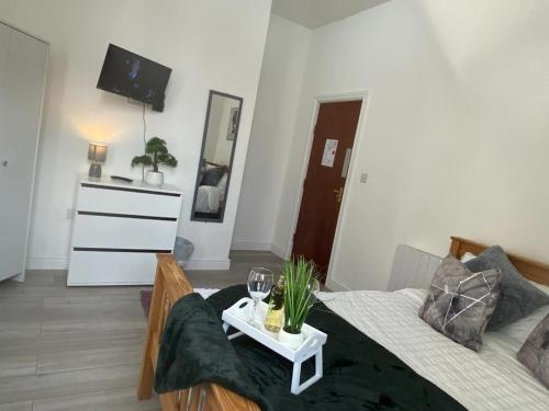a living room with a bed and a tv at De Luxe Aparthotel in Leicester