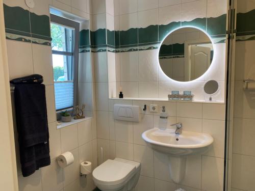 ein Badezimmer mit einem Waschbecken, einem WC und einem Spiegel in der Unterkunft Appartement Delfi in Flensburg