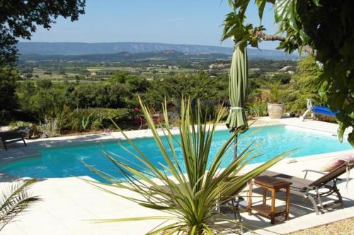 - une piscine avec 2 chaises et un palmier dans l'établissement Gîte L'Escapade, à Saint-Saturnin-lès-Apt