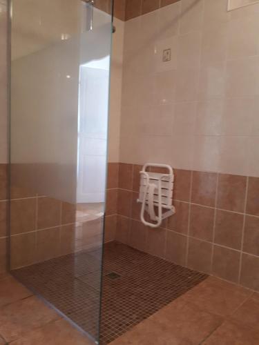 a shower with a glass door in a bathroom at Bel appartement rénové dans maison bigourdane in Pouzac
