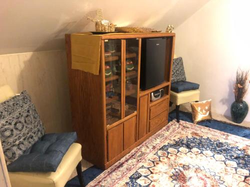 a bedroom with a entertainment center and a television at Quiet and cozy bedroom with a warm lounging area and shared spaces WE HAVE A CAT in Cambridge