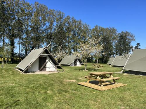 grupa namiotów i stół piknikowy na polu w obiekcie Hebergements Insolites - Etretat Aventure w mieście Les Loges