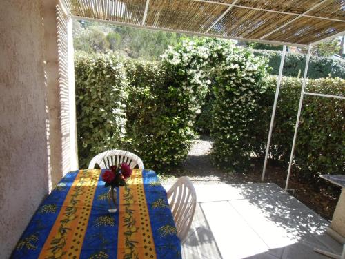 a table and chairs on a patio with a hedge at 15mn de Cannes, Villa la Soleiade , Gite ,Lodge , type T2, clim, piscine, parking au Lac de Saint-Cassien VAR in Montauroux