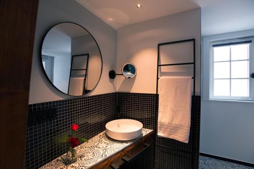 a bathroom with a sink and a mirror at Hotel Drei Höfe in Friedrichsdorf