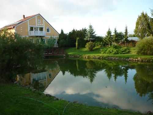 une maison à côté d'une rivière avec réflexion dans l'eau dans l'établissement Áldos Panzió, à Farád