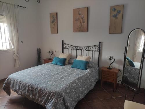 a bedroom with a bed with blue pillows and a mirror at Casa rural Villa Miradri in Torrox