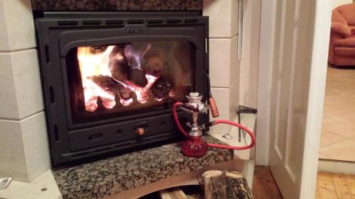 a stove with a fire in a living room at Albert Guest House in Ruse