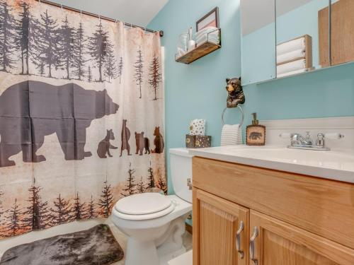 a bathroom with a toilet and a sink and a shower curtain at Elmwood Elmwood Escape A Cozy Retreat at The Hideout in Hamlin