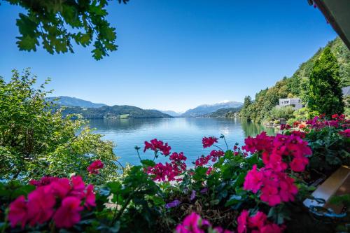 a view of a lake with pink flowers at Seefels Appartements in Döbriach