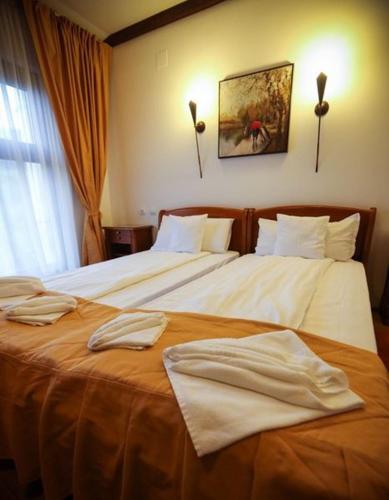 two beds in a hotel room with towels on them at Pensiunea Roua Muntelui in Brăzeşti