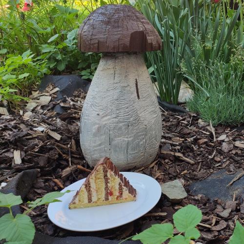 a slice of cake on a plate next to a mushroom at H@M Penzion in Žlutice