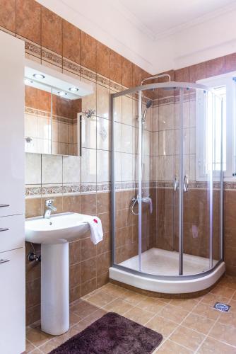 a bathroom with a shower and a sink at Villa Vasiliki in Lefkimmi