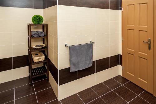 a bathroom with brown and white tiled walls and a door at Golden Key Apartments in Liberec