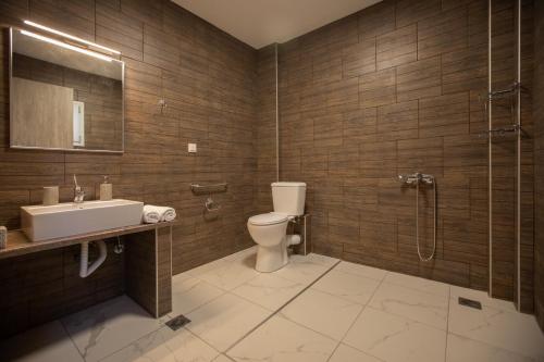 a bathroom with a toilet and a sink and a shower at Villa Stathatos in Fiskardho