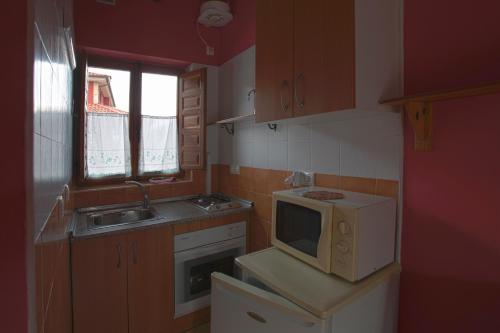 a small kitchen with a microwave and a sink at Apartamentos El Campal in Felechosa