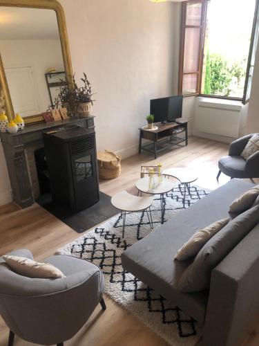 a living room with a couch and a fireplace at Le vigneron Au coeur des vignes à proximité des lacs et cascades lits faits à l'arrivée in Passenans
