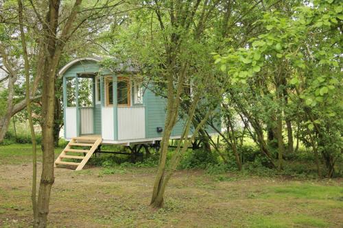 a blue tiny house in the middle of trees at The Kestrel Shepherd Hut, Whitehouse Farm in Stowmarket