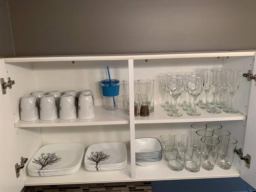 a shelf full of glasses and plates and bowls at Chris Cozy Condo Commonwealth #205 Edmonton in Edmonton