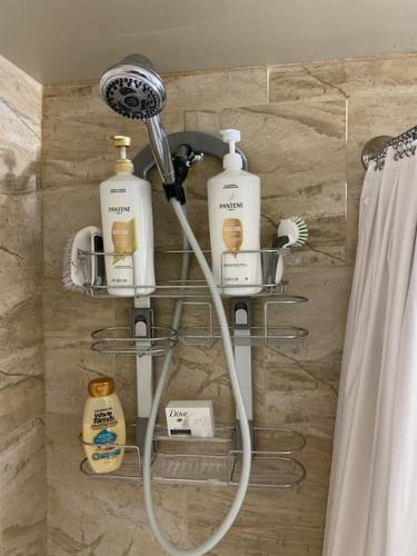 a bathroom with a shower rack with soap and shampoo at Chris Cozy Condo Lebay Regina in Regina