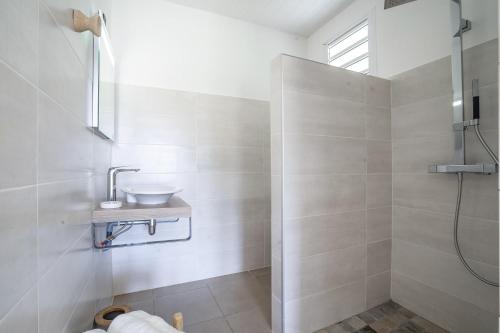 a bathroom with a shower and a sink at Villa Bel'Amandier : 3ch, bac à punch à 2min à pied de la plage in Sainte-Luce