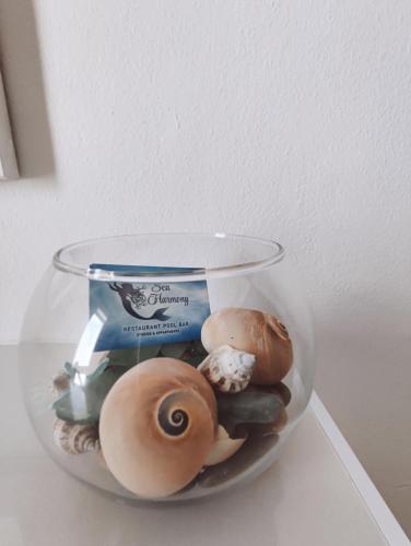 a glass container filled with different types of donuts at Sea Harmony in Kalathos